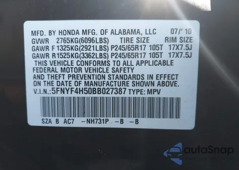 2011 Honda Pilot Ex-L from USA, damaged, VIN 5FNYF4H50BB027387